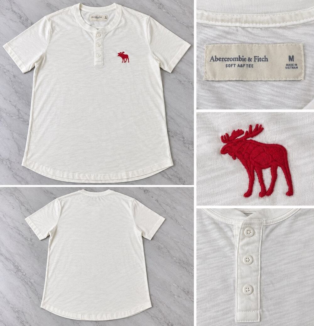 Abercrombie & Fitch Men’s M Henley T-Shirt White Red Moose Logo Soft A&F